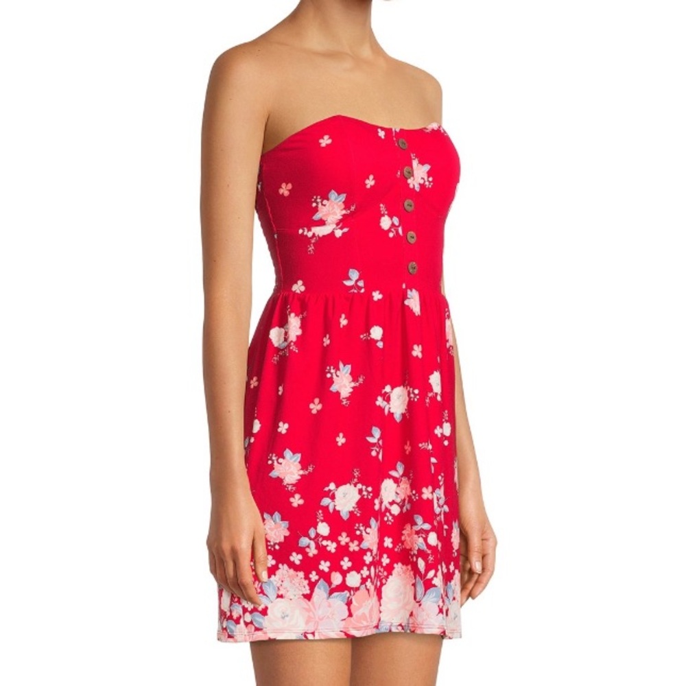 Strapless Red Floral Juniors Button-Front Foam Cup Dress Size XL/XG (15-17) - Picture 4 of 15